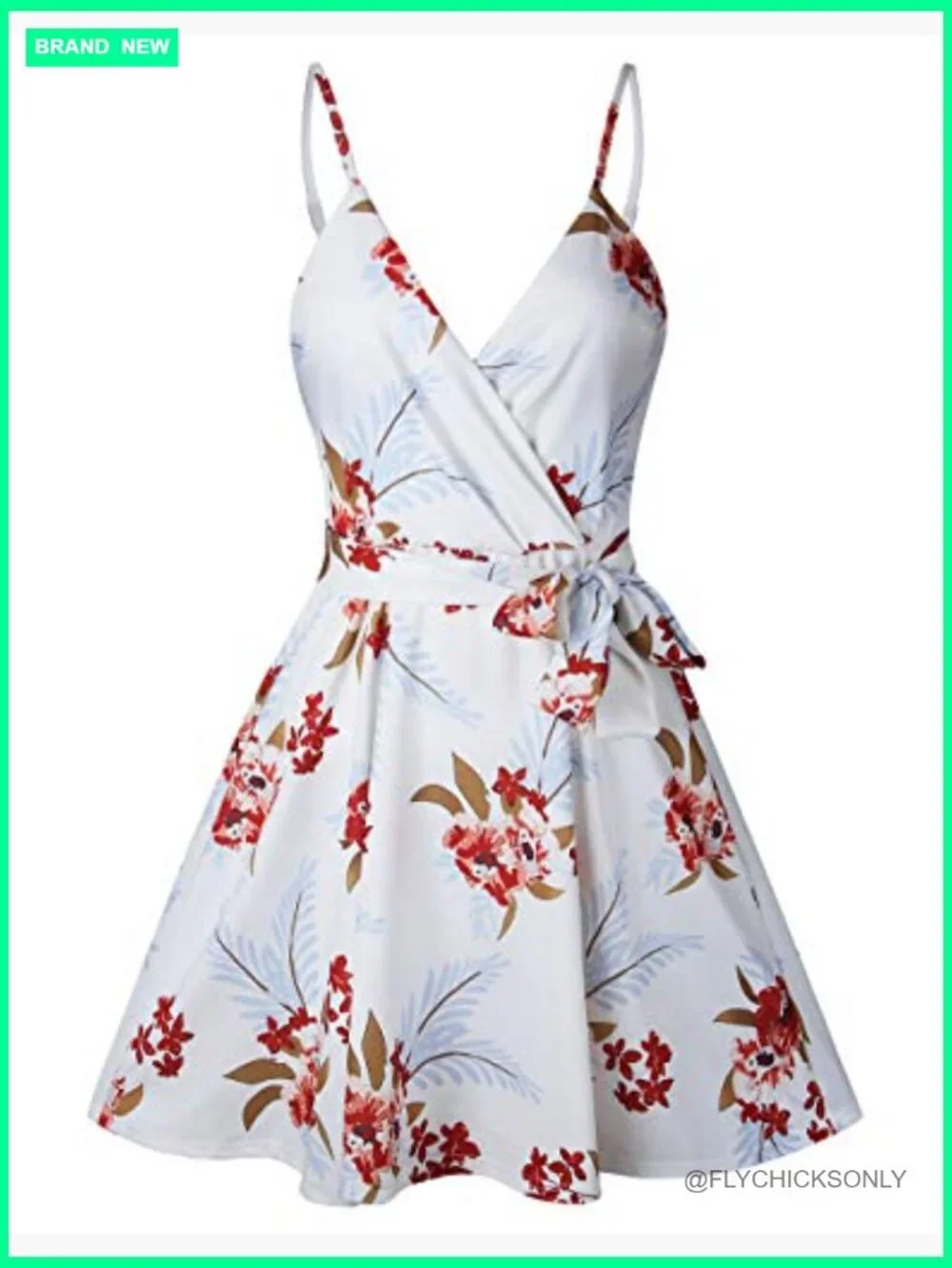 V Neck Mini Floral Print Swing Dress Sleeveless Spaghetti Strap with Belt